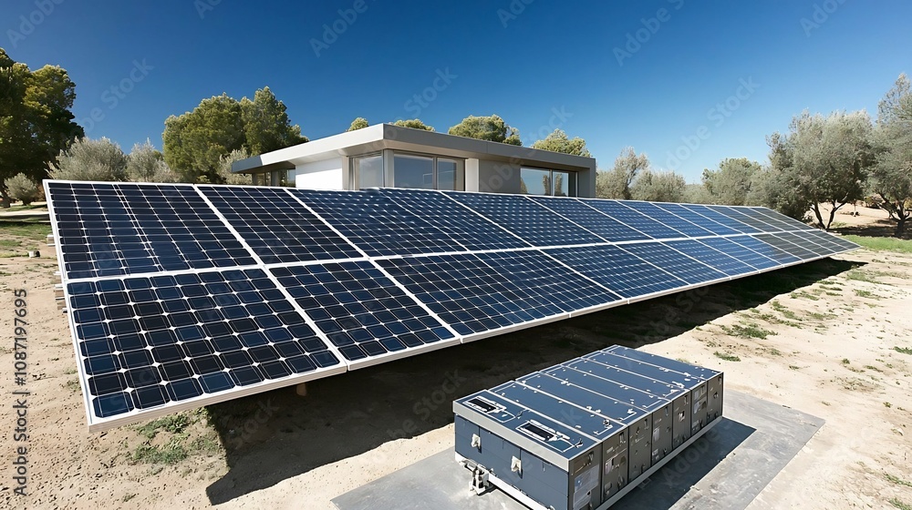 Poster expansive solar panel array powering a sleek contemporary home with a massive battery bank system in
