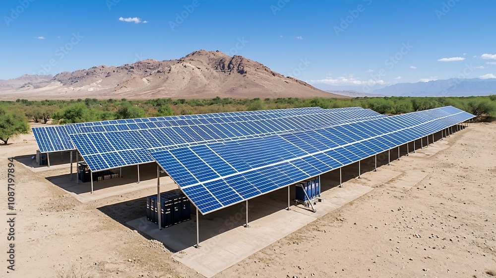 Poster a self sustaining off grid homestead powered by a vast solar panel installation with a robust batter