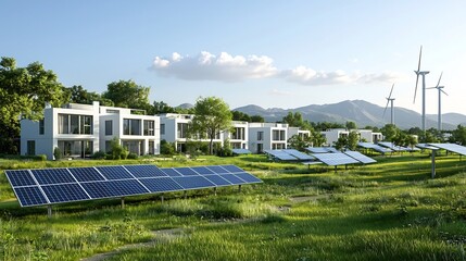 Renewable Energy Futurescape A sprawling eco friendly community powered by an intricate network of solar panels wind turbines and sophisticated energy storage solutions
