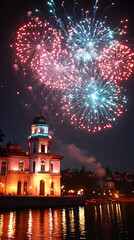 Fototapeta premium Fireworks display over illuminated waterfront building at night.