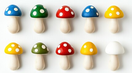Fototapeta premium A cluster of variously hued fungi perched atop a white platform, dotted with a white speck on each cap