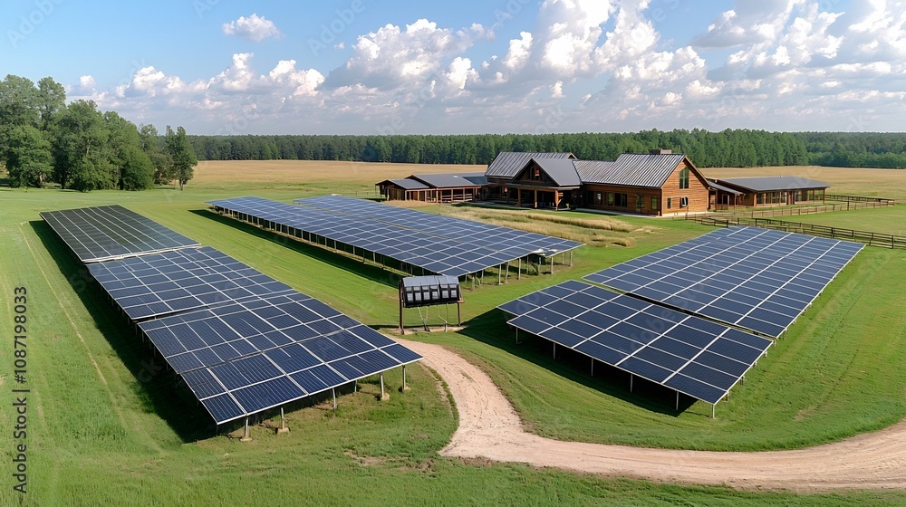 Poster a self sustaining off grid homestead powered by a vast solar panel installation with a robust batter