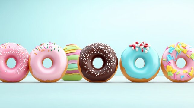 A colorful assortment of donuts with various toppings, showcasing a delightful mix of flavors and designs against a light blue background.