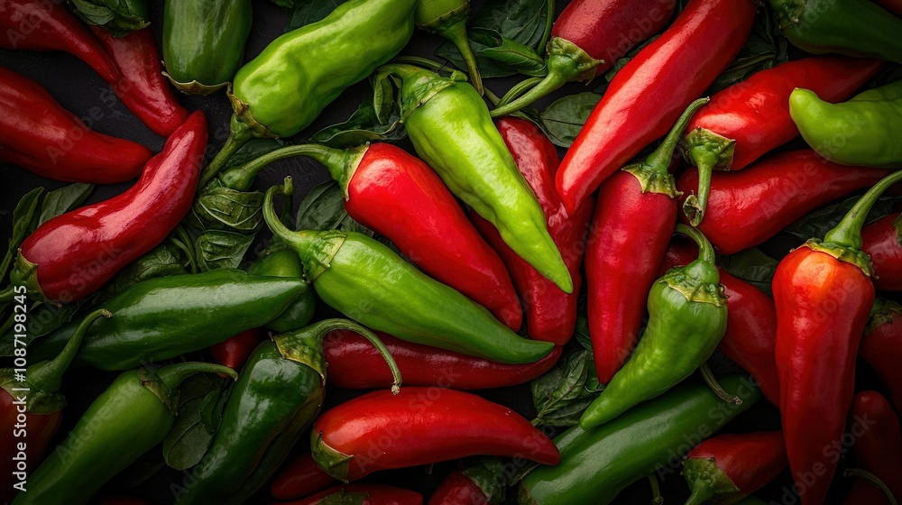 Poster red and green peppers stacked on top of each other in a heap
