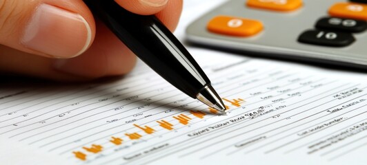 Financial Analysis: Close-up of a Hand with Pen Reviewing Financial Data