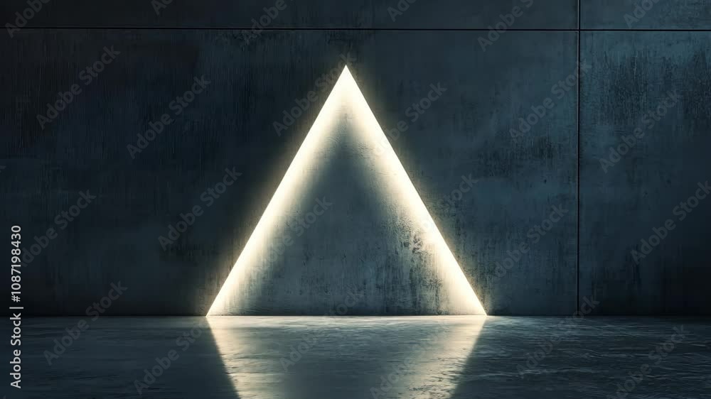 Poster minimalist geometric composition of a single triangle of light on a plain wall, with sharp lines and