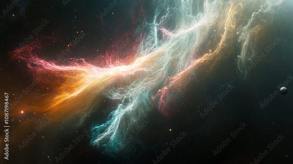 Poster vibrant cosmic nebula illuminated by distant stars in an expansive outer space setting