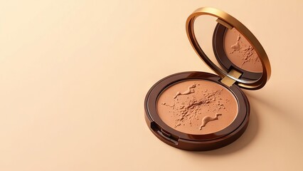 Bronzer in round package with mirror on beige background