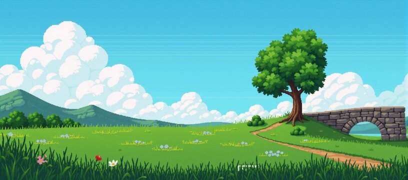Grass and sky 8-bit landscape image Pixel Art Background