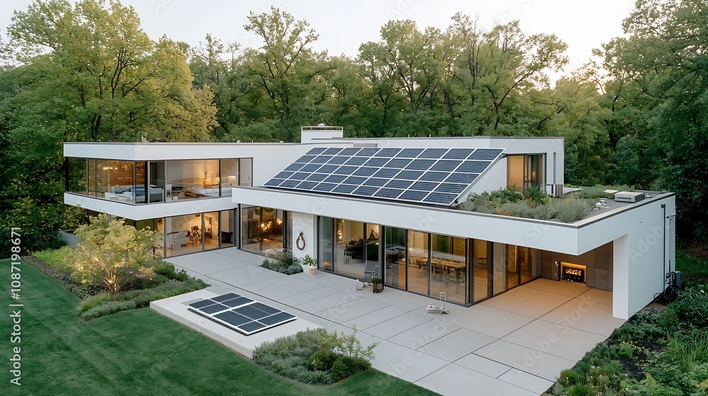 Poster sustainable suburban home with expansive rooftop solar panel system and advanced battery bank achiev