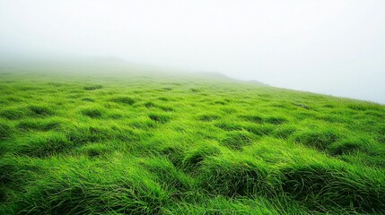 Naklejka premium Green grass, hill in the background; foggy landscape photo