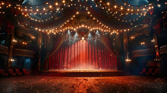 Spectacular Circus Stage Setting: A captivating image showcasing an elaborate circus stage design, perfect for theatrical productions, event promotions, and entertainment industry marketing materials