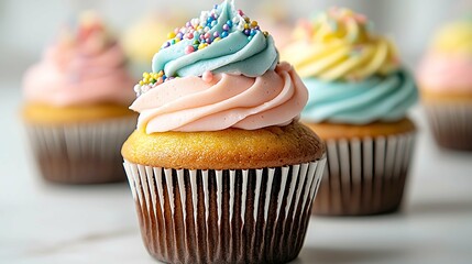 The cupcakes are topped with a vibrant rainbow of frosting in shades of pink, blue, yellow, and green, each one sprinkled with a generous amount of colorful sprinkles