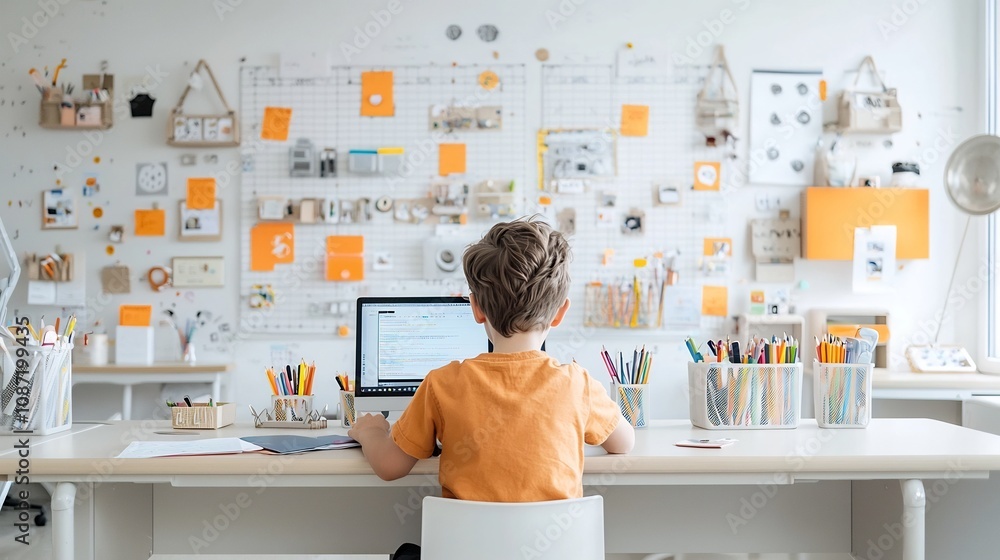 Aufkleber dedicated student engrossed in digital education surrounded by neatly arranged school essentials in 