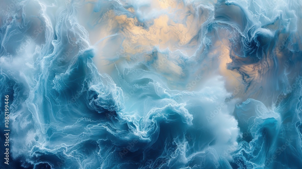 Poster vibrant blue and white abstract waves swirl together, creating mesmerizing patterns reminiscent of o