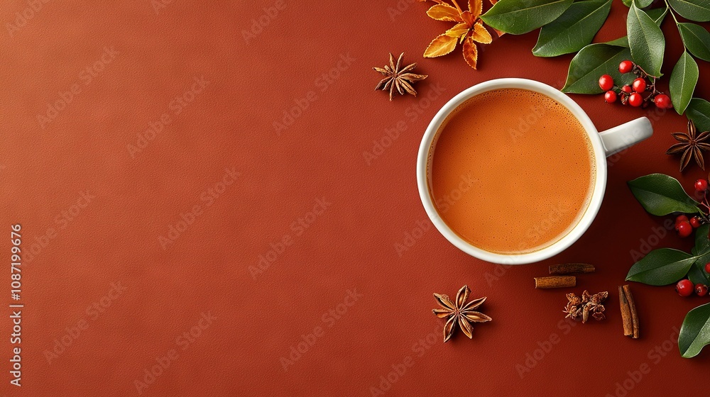Poster   An overhead view of a cup of coffee surrounded by spices and leaves on a red background with space for text is a visually appealing image that can be used to promote a variety of products or