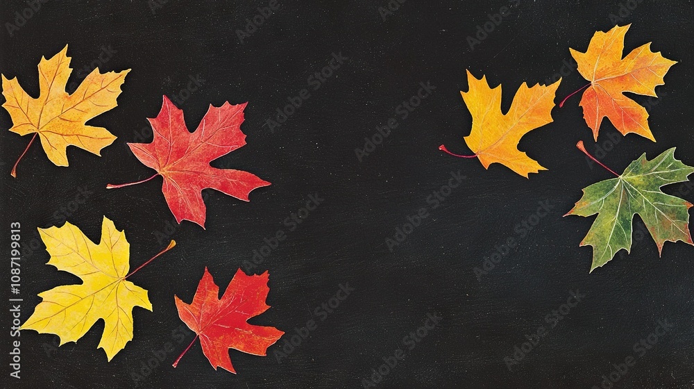 Poster a cluster of diverse leaves on a dark background with one falling from the leaf's top and the other 