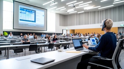 Lecturer delivering an engaging presentation to a video call grid of online attendees in an accessible and user friendly virtual learning space supporting remote and digital education