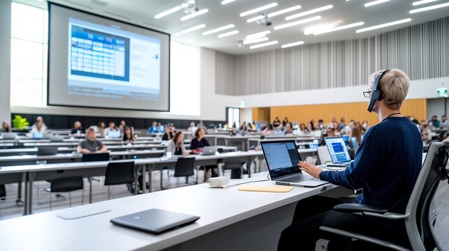 Lecturer delivering an engaging presentation to a video call grid of online attendees in an accessible and user friendly virtual learning space supporting remote and digital education