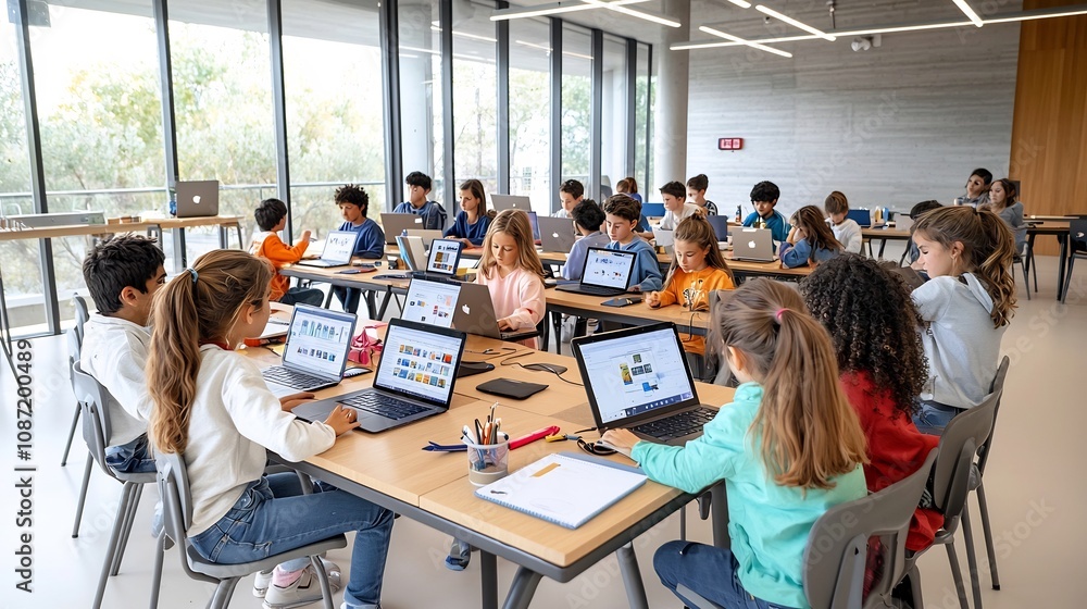 Aufkleber Diverse group of young students working together on a digital group project using laptop computers in a modern academic classroom setting