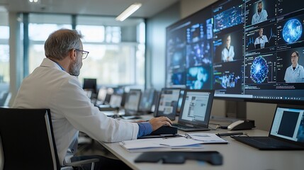 Fototapeta premium Professor conducting an engaging distance learning session with a captivating video lecture display in a progressive and cutting edge online classroom setting