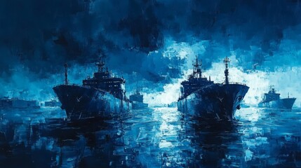 Fototapeta premium Futuristic Cargo Fleet at Sea, a sweeping view of advanced ships navigating deep blue waters, evoking a sense of adventure and innovation.