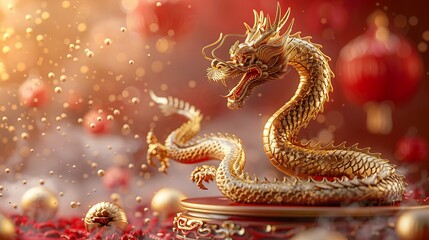 Obraz premium Majestic Golden Dragon: Elegant 3D Scene with Podium for Product Presentation or Chinese New Year Design. This image is perfect for adding a touch of luxury and mystique to your projects