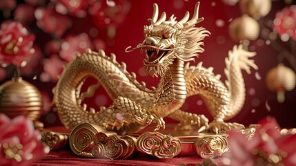 Fototapeta premium Elegant 3D Render of Golden Chinese Dragon with Podium: Perfect for Chinese New Year, Festivals, and Luxury Branding