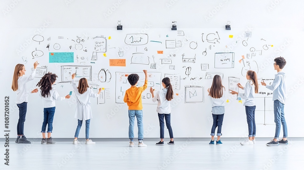 Poster A group of diverse students cooperating on a digital project in a progressive modern classroom setting  Bold colors shapes