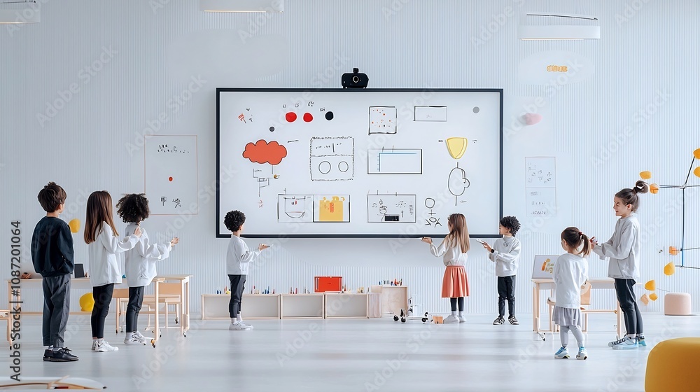 Poster Diverse group of students working together on a digital project in a modern colorful and progressive classroom setting  The animated gestures bold shapes and high contrast details create an abstract