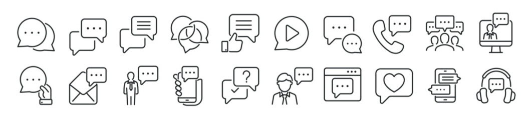 Set of line icons related chat, dialogue, speech bubble, speaking, communication. Editable stroke. 500x500px Perfect pixel on transparent background