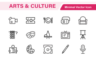 Arts and Culture Icon Set. High-quality icons for Museums, Music, Dance, Theater, Festivals, artistic Expression, Traditions, History, Crafts, and Creative Activities