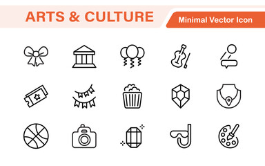 Arts and Culture Icon Set. High-quality icons for Museums, Music, Dance, Theater, Festivals, artistic Expression, Traditions, History, Crafts, and Creative Activities