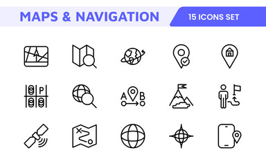 Maps Icon Set. Versatile and visually appealing icons for navigation, location services, and travel apps, designed to enhance user experience and make exploring the world more intuitive and enjoyable.