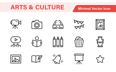 Arts and Culture Icon Set. High-quality icons for Museums, Music, Dance, Theater, Festivals, artistic Expression, Traditions, History, Crafts, and Creative Activities