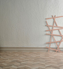 Grey textured wall background and parquet floor, vase of plant coffee table and chair concept, interior style.