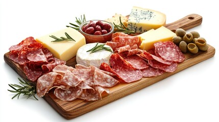 Luxurious charcuterie board with artisanal cheese, perfectly clean white backdrop, [appetizers], [culinary luxury] 