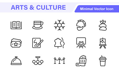Arts and Culture Icon Set. High-quality icons for Museums, Music, Dance, Theater, Festivals, artistic Expression, Traditions, History, Crafts, and Creative Activities