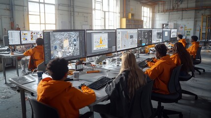 Multicultural student team intensely focused and concentrated on a collaborative computer based task in a vintage industrial classroom setting