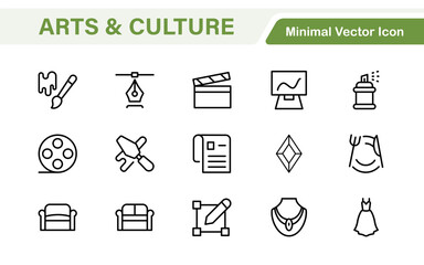 Arts and Culture Icon Set. High-quality icons for Museums, Music, Dance, Theater, Festivals, artistic Expression, Traditions, History, Crafts, and Creative Activities