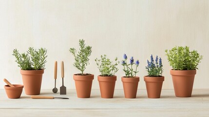 Fototapeta premium Plants, wooden table, shovel, spatula