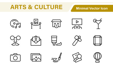 Arts and Culture Icon Set. High-quality icons for Museums, Music, Dance, Theater, Festivals, artistic Expression, Traditions, History, Crafts, and Creative Activities