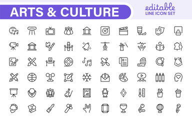 Arts and Culture Icon Set. High-quality icons for Museums, Music, Dance, Theater, Festivals, artistic Expression, Traditions, History, Crafts, and Creative Activities