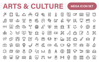 Arts and Culture Icon Set. High-quality icons for Museums, Music, Dance, Theater, Festivals, artistic Expression, Traditions, History, Crafts, and Creative Activities