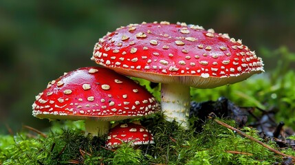   A few red mushrooms sit atop a green moss-covered forest, speckled with countless tiny yellow dots
