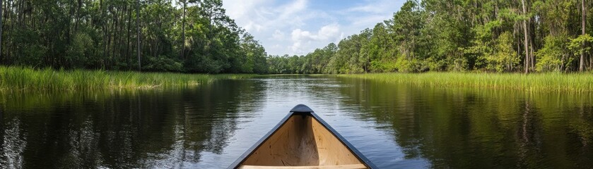 Naklejka premium Serene canoe view, reflecting lush greenery and blue sky in calm waters, perfect for nature exploration.
