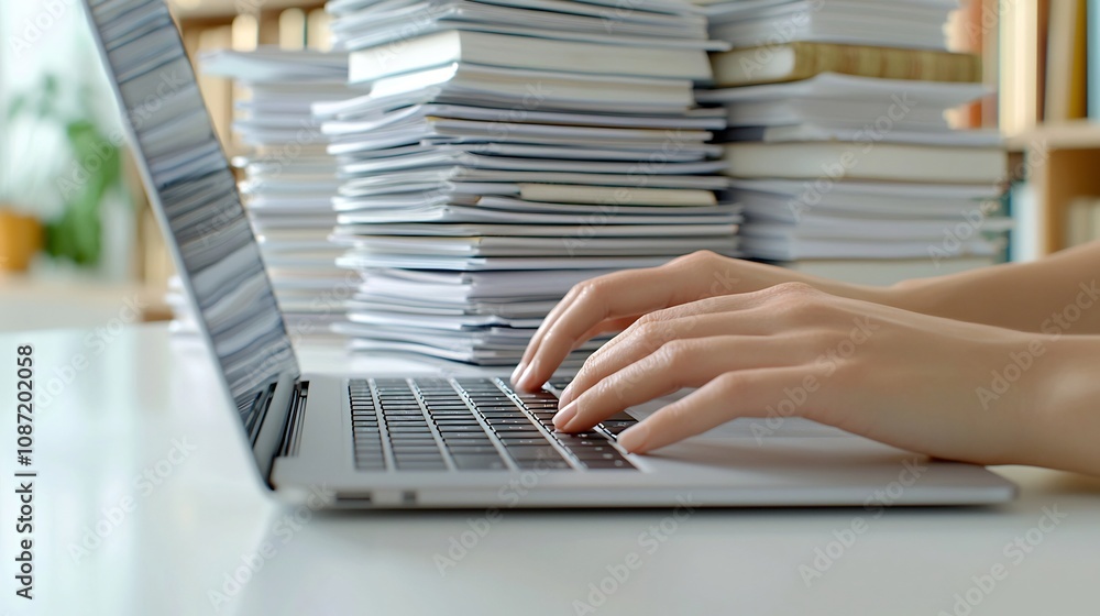 Poster Close up shot of delicate fingers deftly striking the keys of a laptop keyboard surrounded by stacks of books and paper creating a cozy and scholarly digital productivity workspace