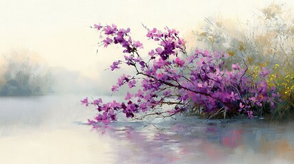 Obraz premium A painting depicts a branch adorned with purple blooms against a backdrop of a lake featuring yellow and pink blossoms