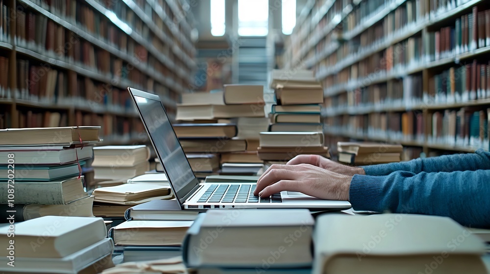 Poster Close up view of a studious academic deeply engaged in research and writing typing on a laptop surrounded by a cluttered desk of books notes and other study materials in a contemplative