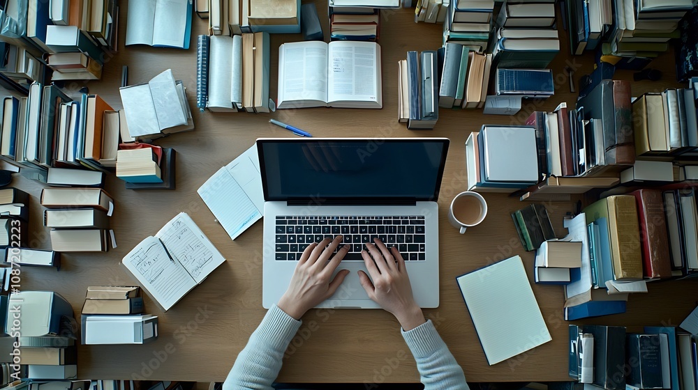 Poster Close up view of hands intently typing on a laptop immersed in research and academic writing surrounded by a clutter of books and scattered notes set against a contemplative moody